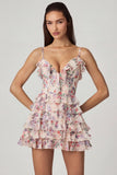 Ruffled Lace Up A Line Mini Dress in Primrose Floral Print