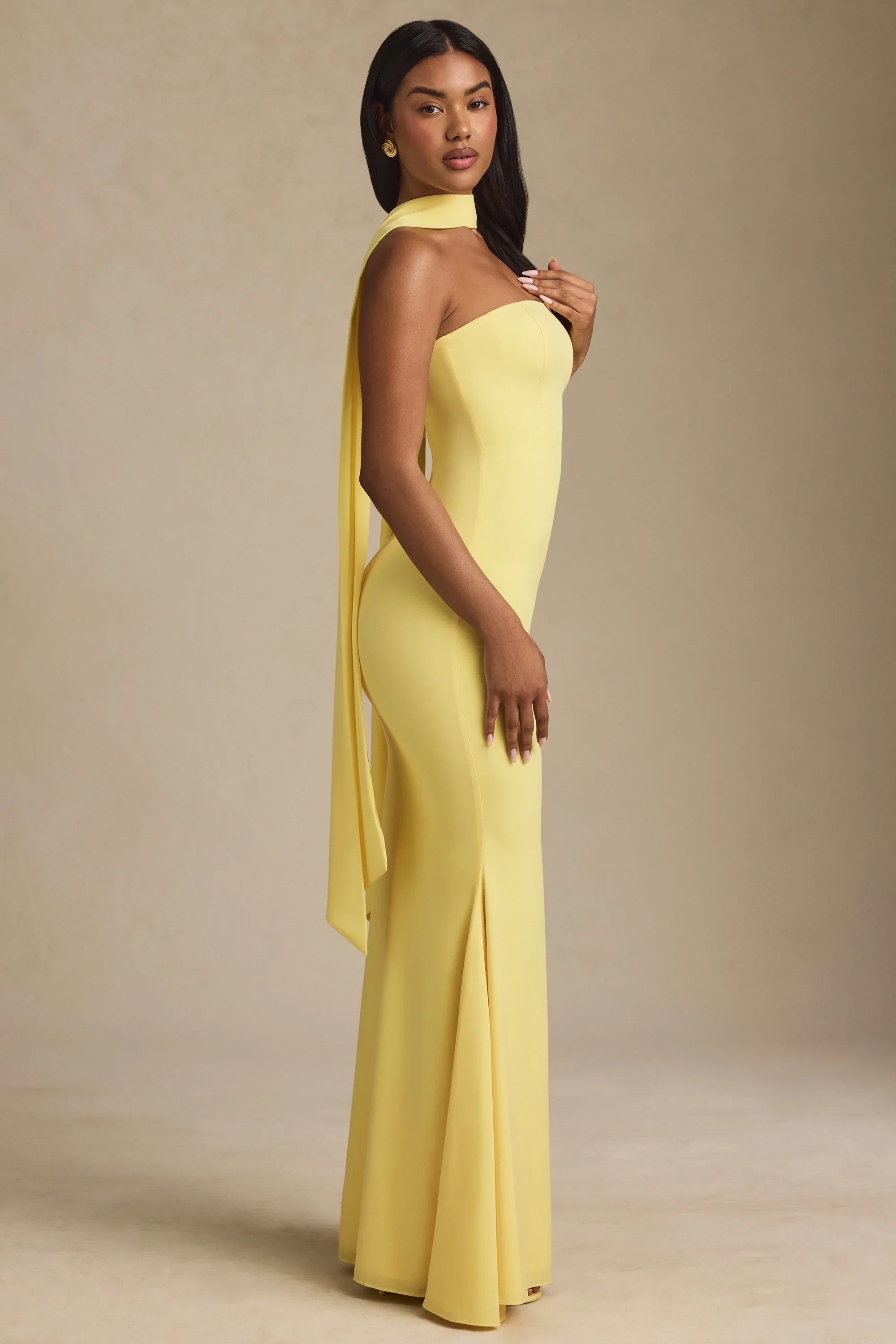 Scarf Detail Strapless Gown in Pastel Yellow