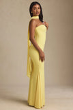 Scarf Detail Strapless Gown in Pastel Yellow