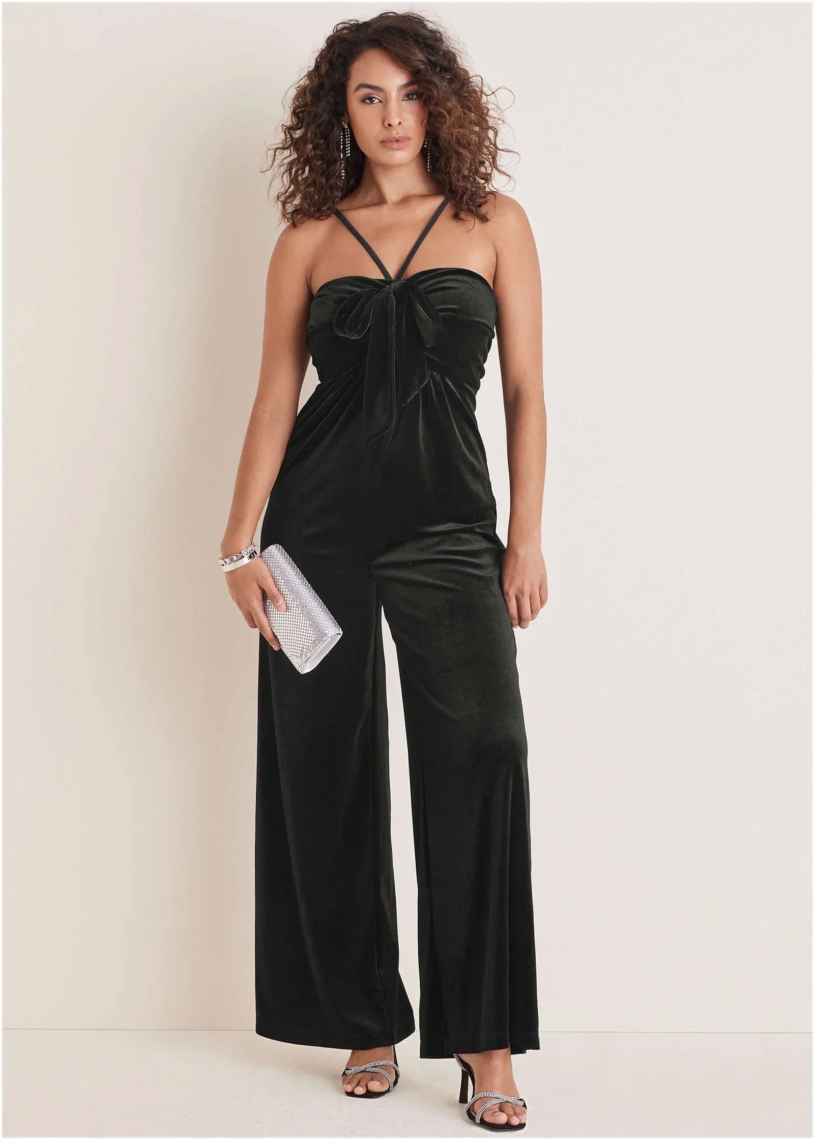 Stretch Velvet Halter Jumpsuit Black