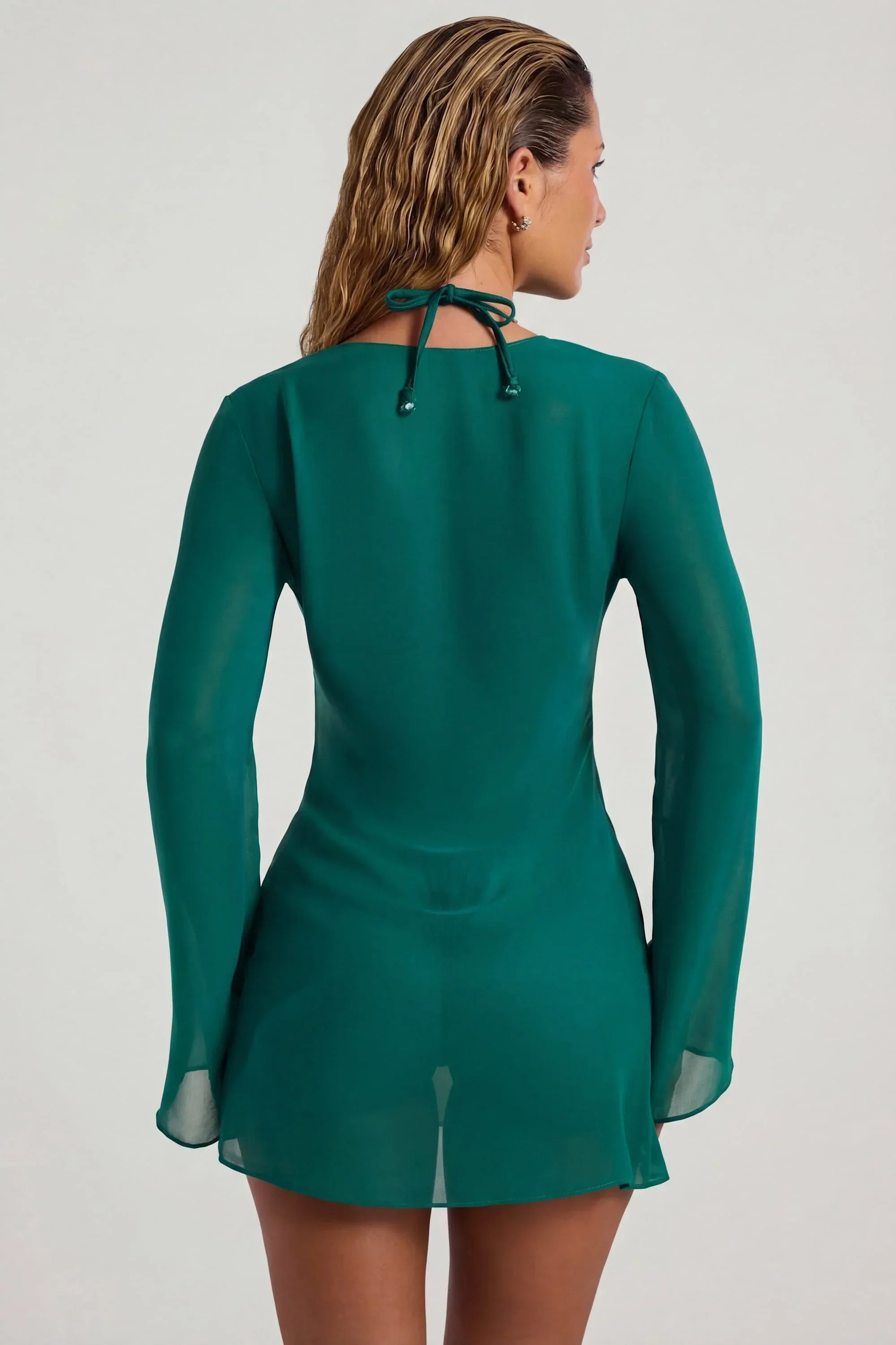 Bead Embellished Cowl Neck Sheer Mini Dress in Jade Green