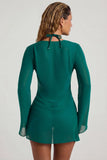 Bead Embellished Cowl Neck Sheer Mini Dress in Jade Green