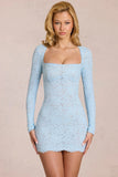 Scalloped Lace Long Sleeve Mini Dress in Powder Blue