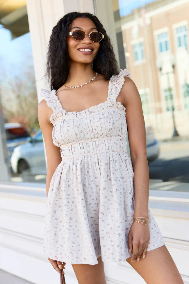 Out West Beige Printed Denim Romper Dress