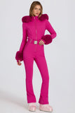 Waterproof Faux Fur Hood Fitted Ski Suit in Magenta Pink