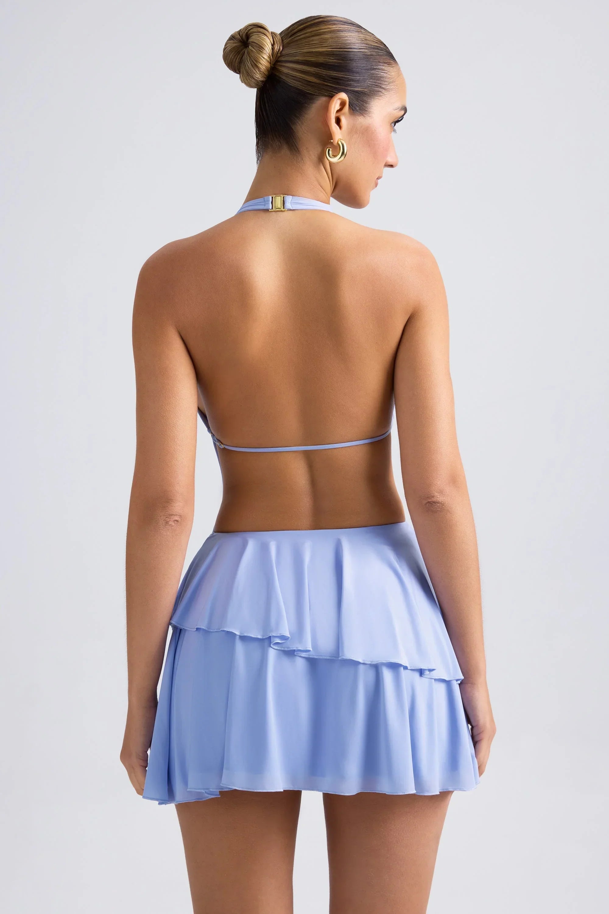 Ruffled Cut Out Halterneck Mini Dress in Periwinkle Blue