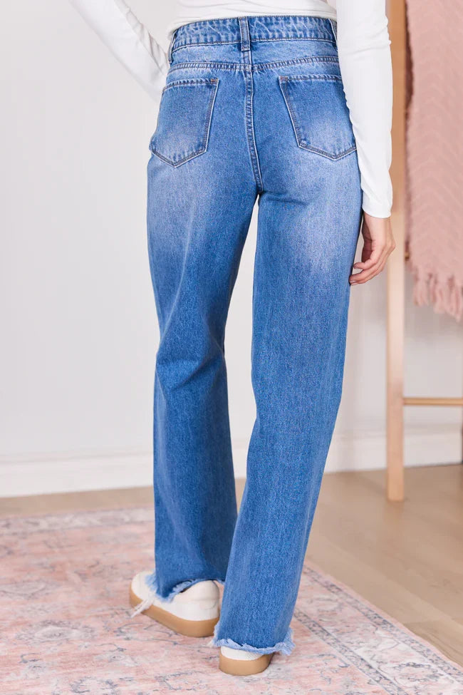 Ariel Medium Wash Distressed Wide Leg Jeans