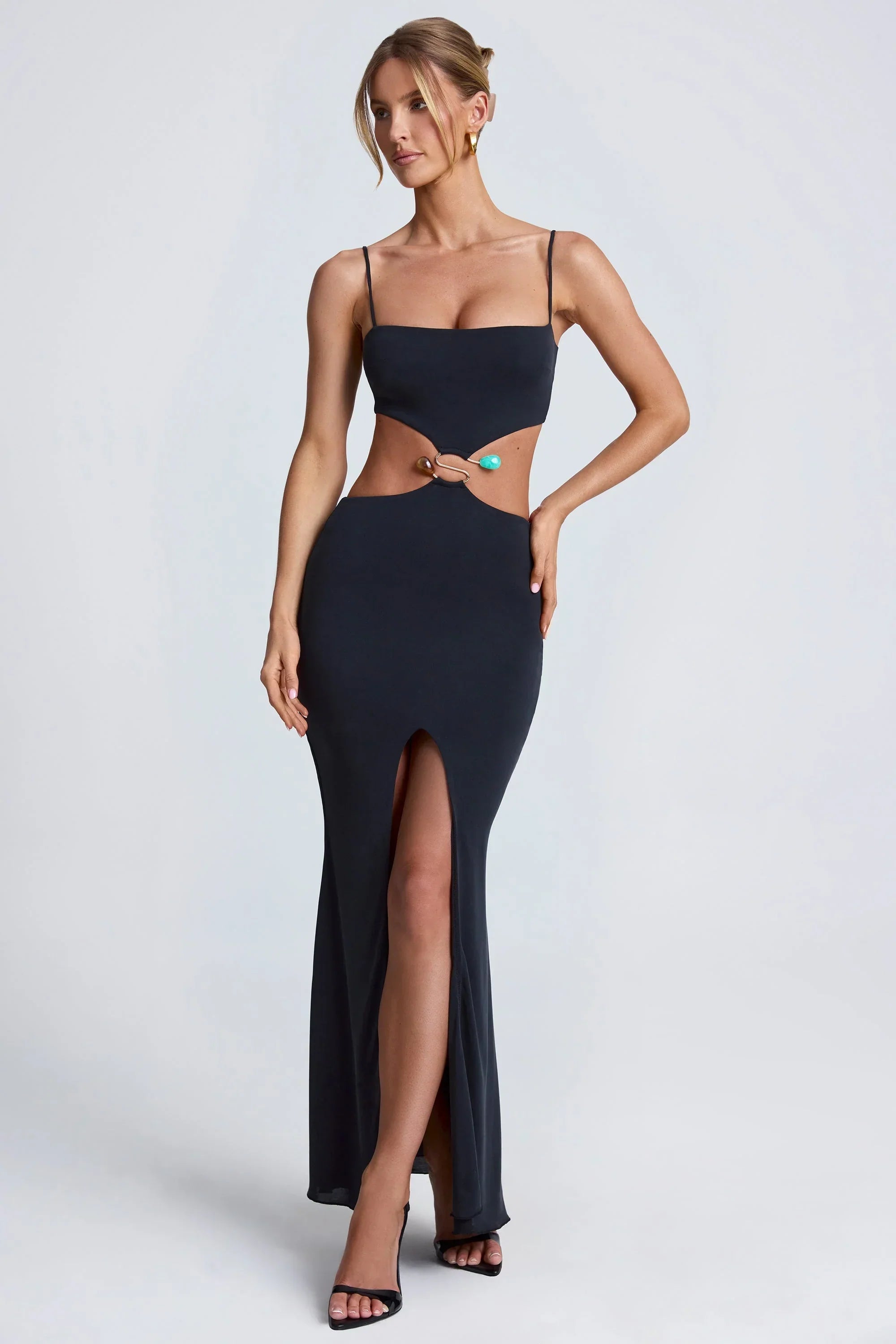 Hardware Detail Cut Out Maxi Dress in Black