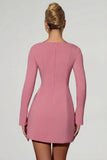Sweetheart Neck Long Sleeve A Line Mini Dress in Dusty Pink