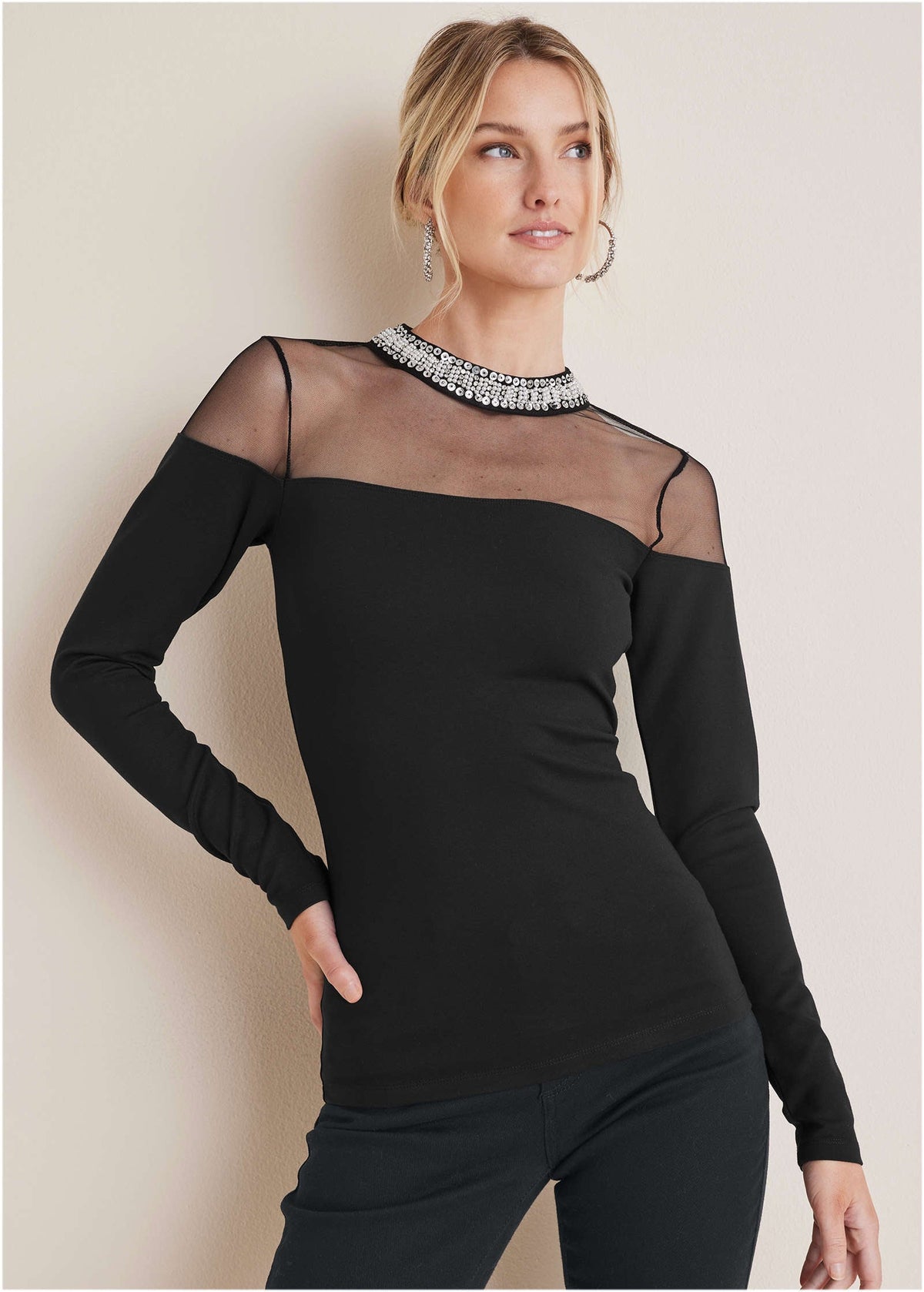 Embellished Neck Mesh Top Jet Black