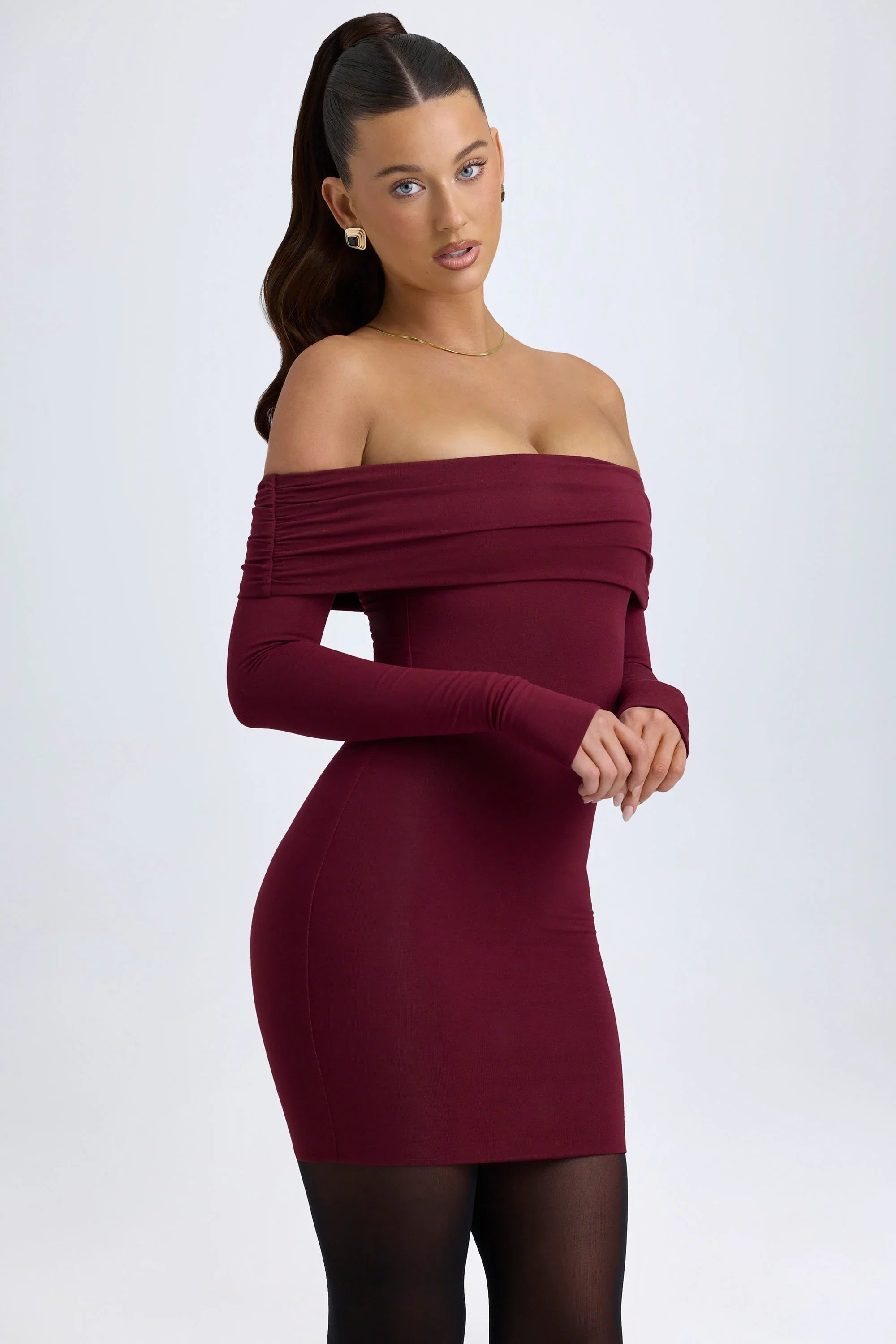 Modal Off Shoulder Mini Dress in Wine Red