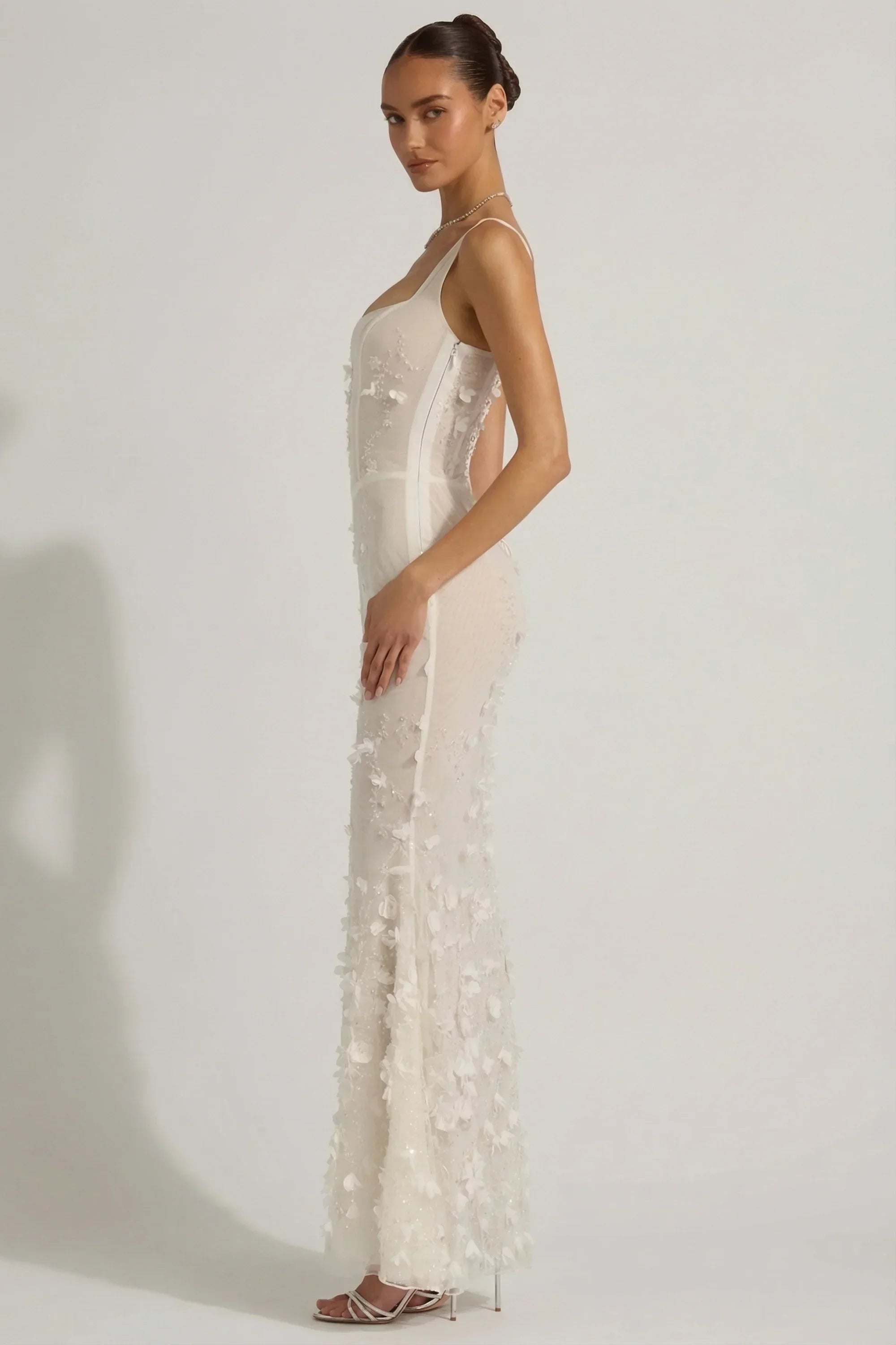 Embellished Appliqué Soft Scoop Corset Gown in White