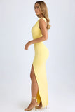 Modal Plunge Neck Thigh Split Maxi Dress in Lemon Sherbet