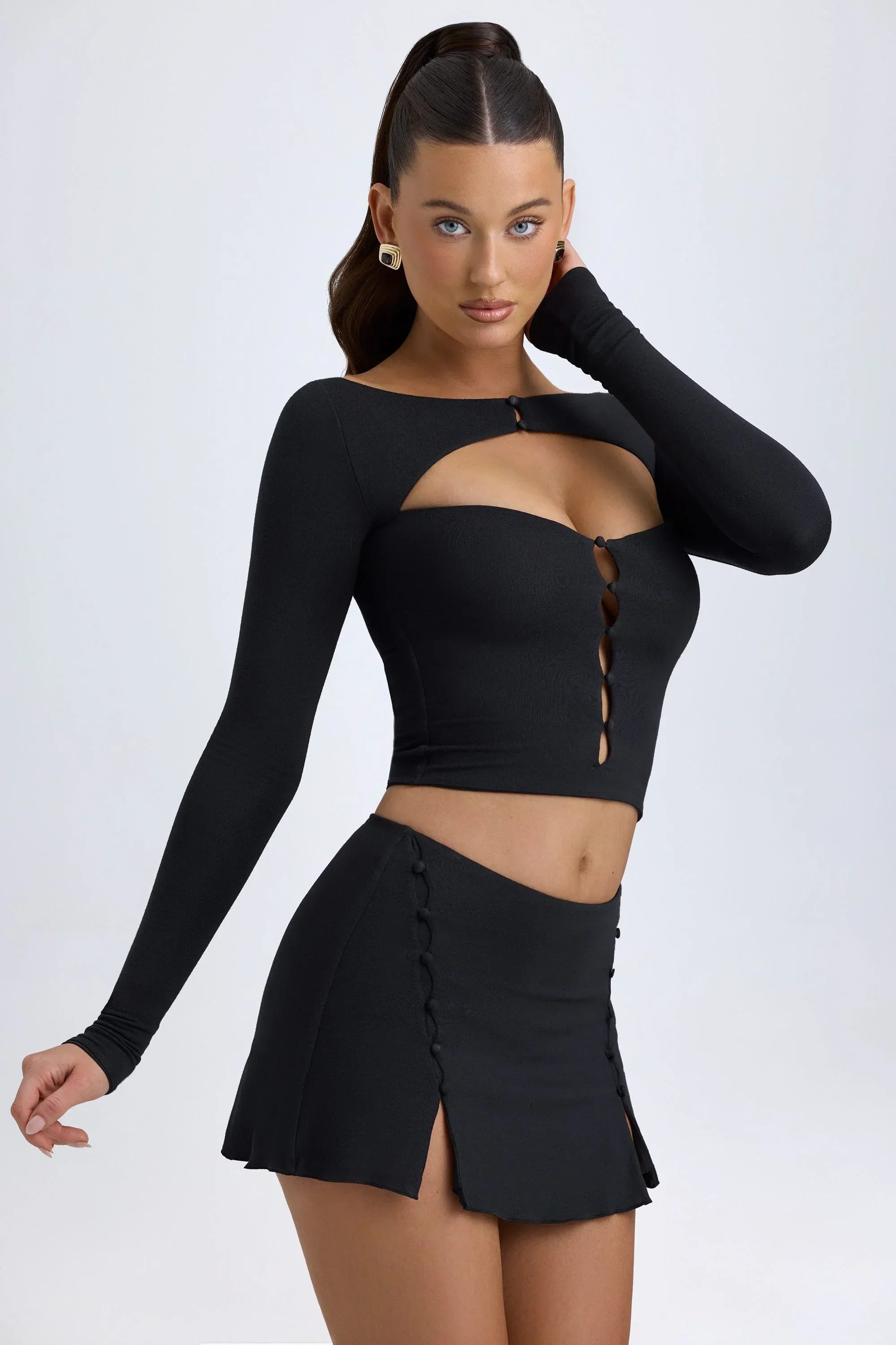 Modal Button Detail Low Rise Mini Skirt in Black