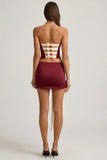 Satin Bow Detail Low Rise Mini Skirt in Wine Red