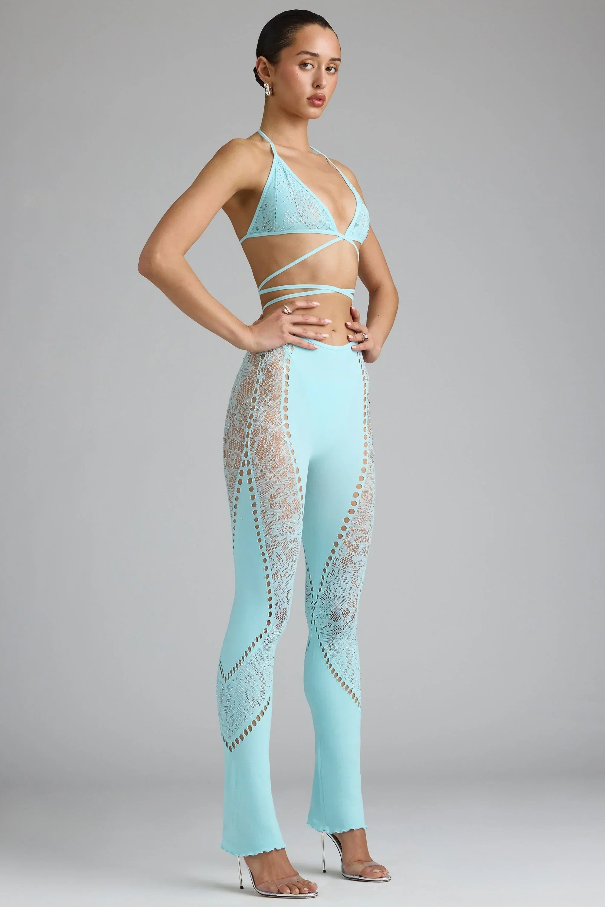 Petite Embellished Mid Rise Flared Trousers in Ice Blue