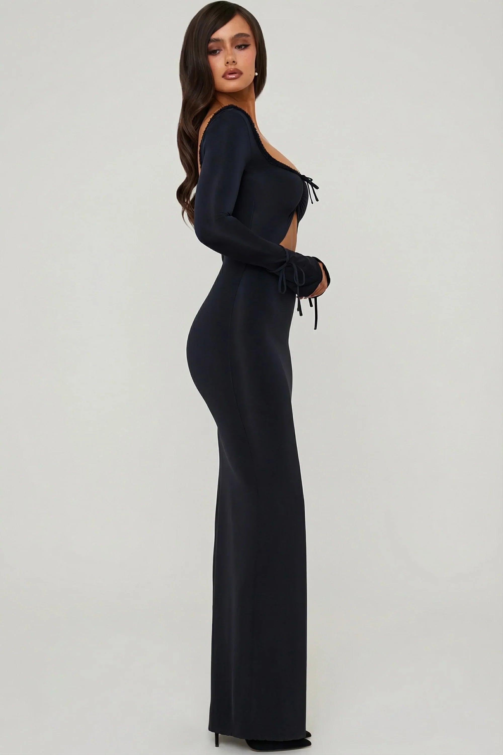 Ruffle Trim Cut Out Maxi Dress in Black