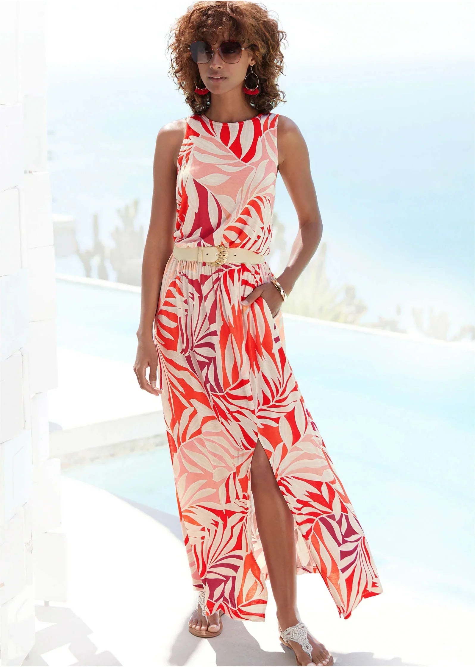 Printed Slit Maxi Dress Red Multi