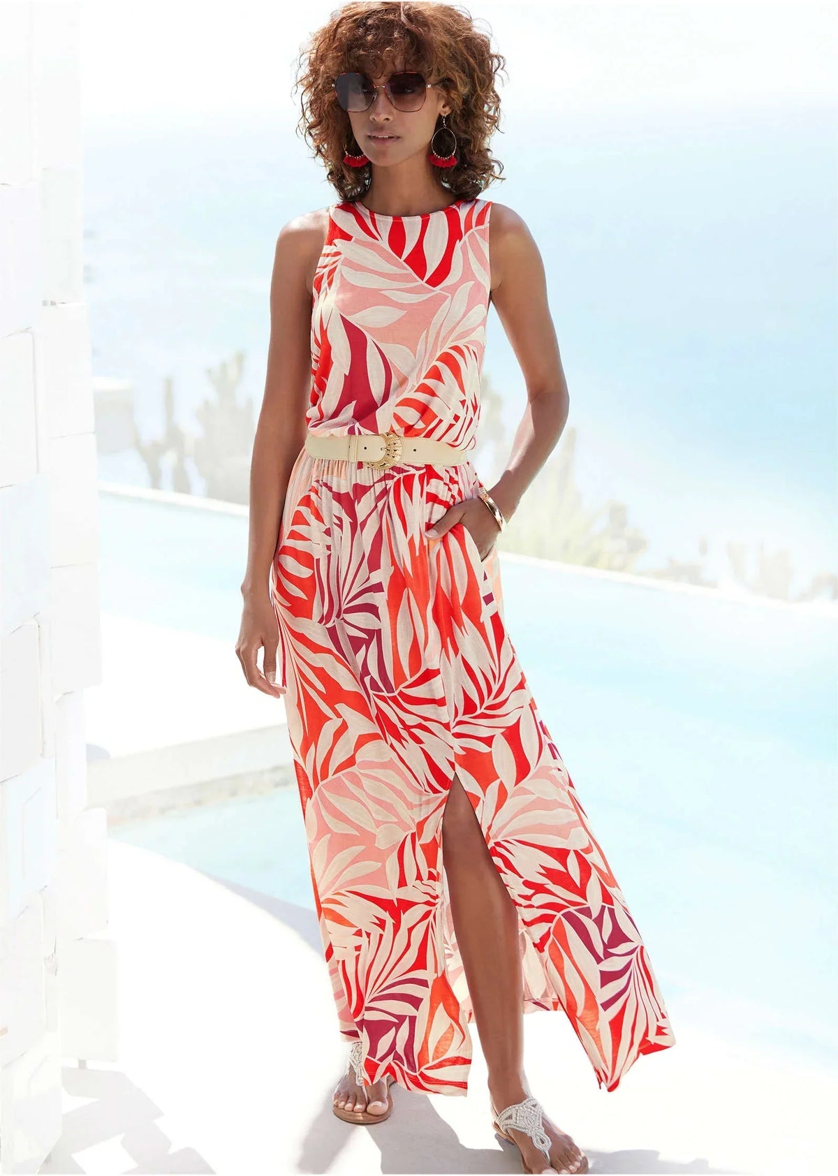 Printed Slit Maxi Dress Red Multi