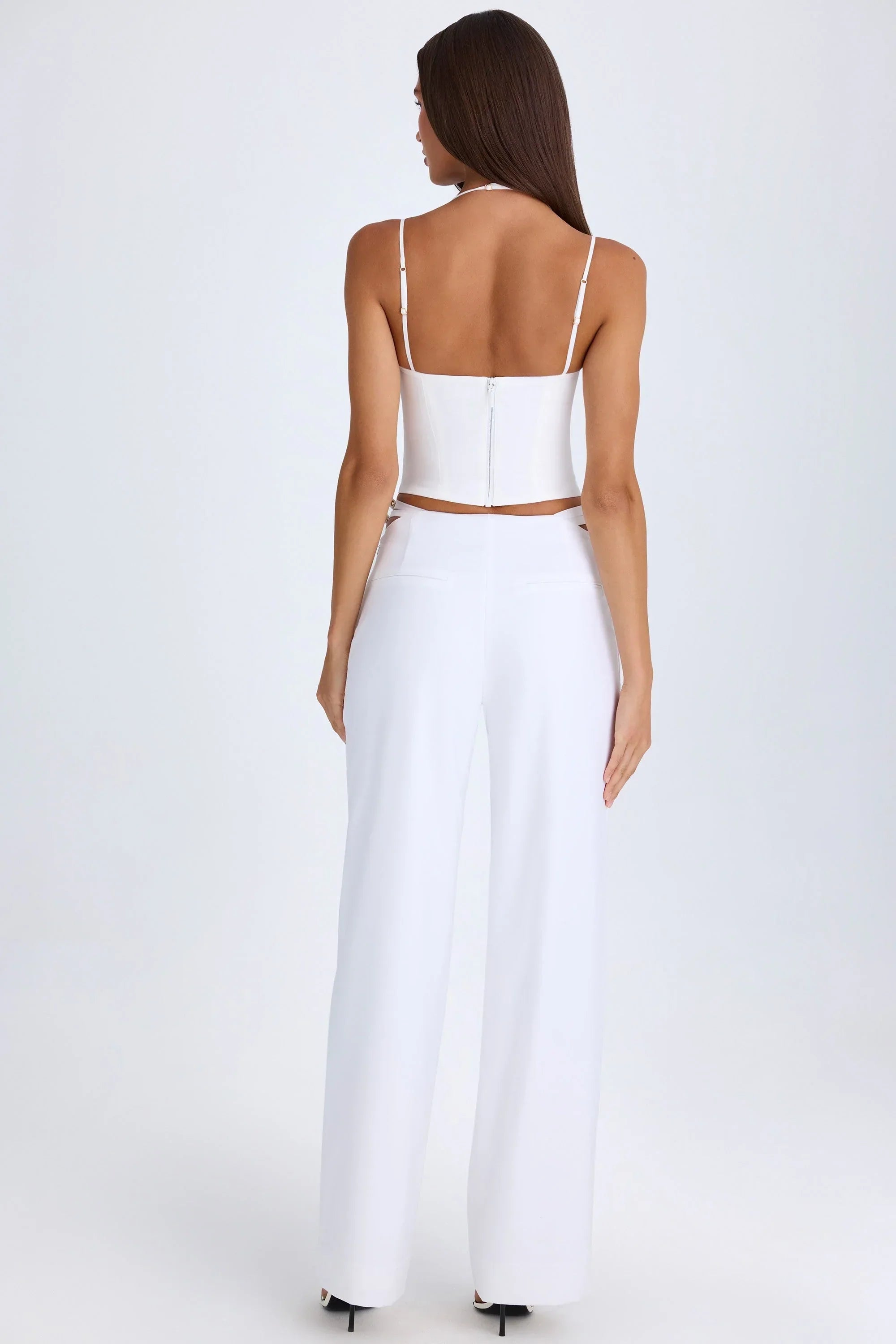 Belted Cut Out Wide Leg Trousers in White