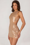 Embellished High Neck Mini Dress in Gold