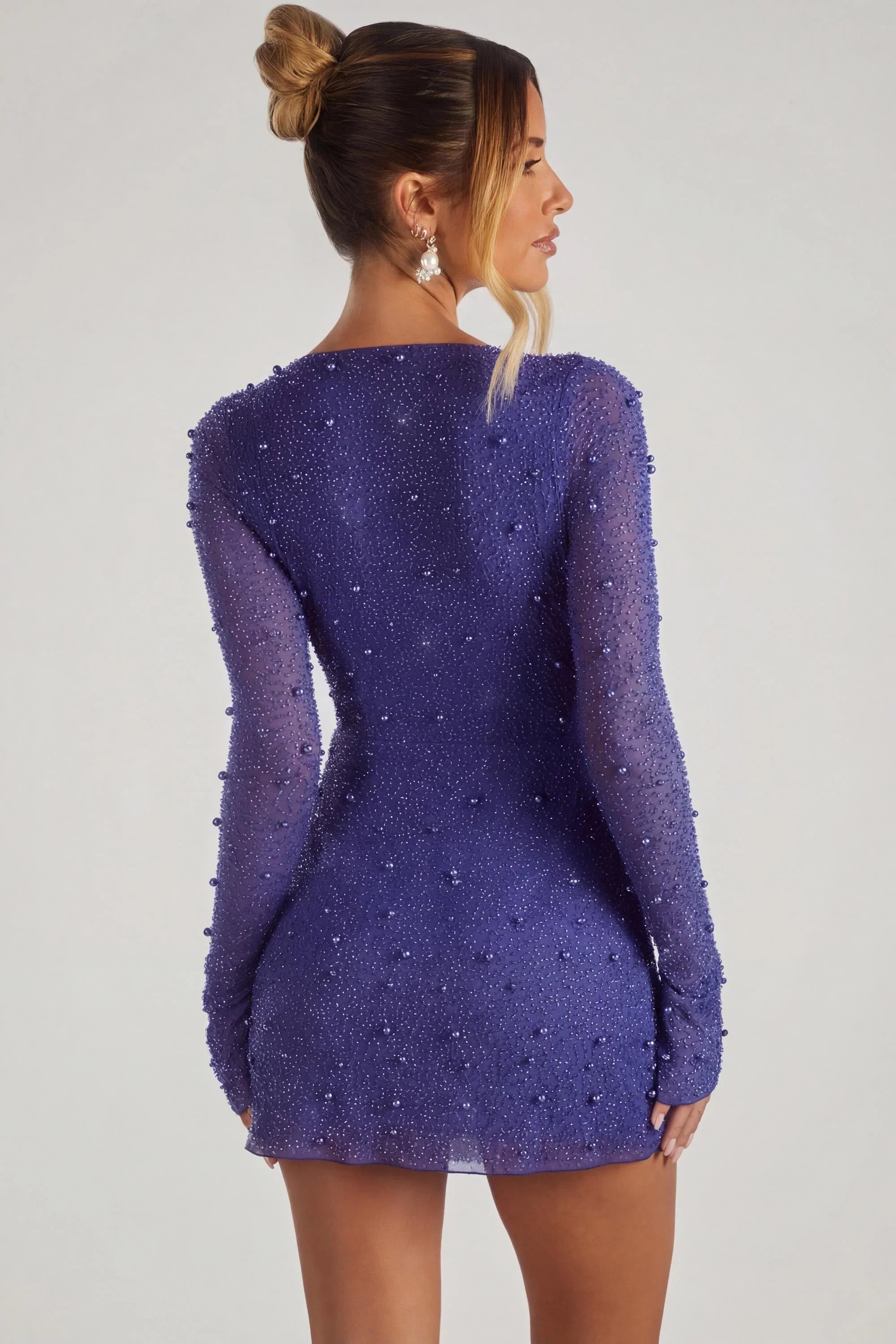 Embellished Wrap Over A Line Mini Dress in Dark Blue