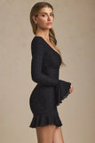 Long Sleeve Ruffled Lace Mini Dress in Black