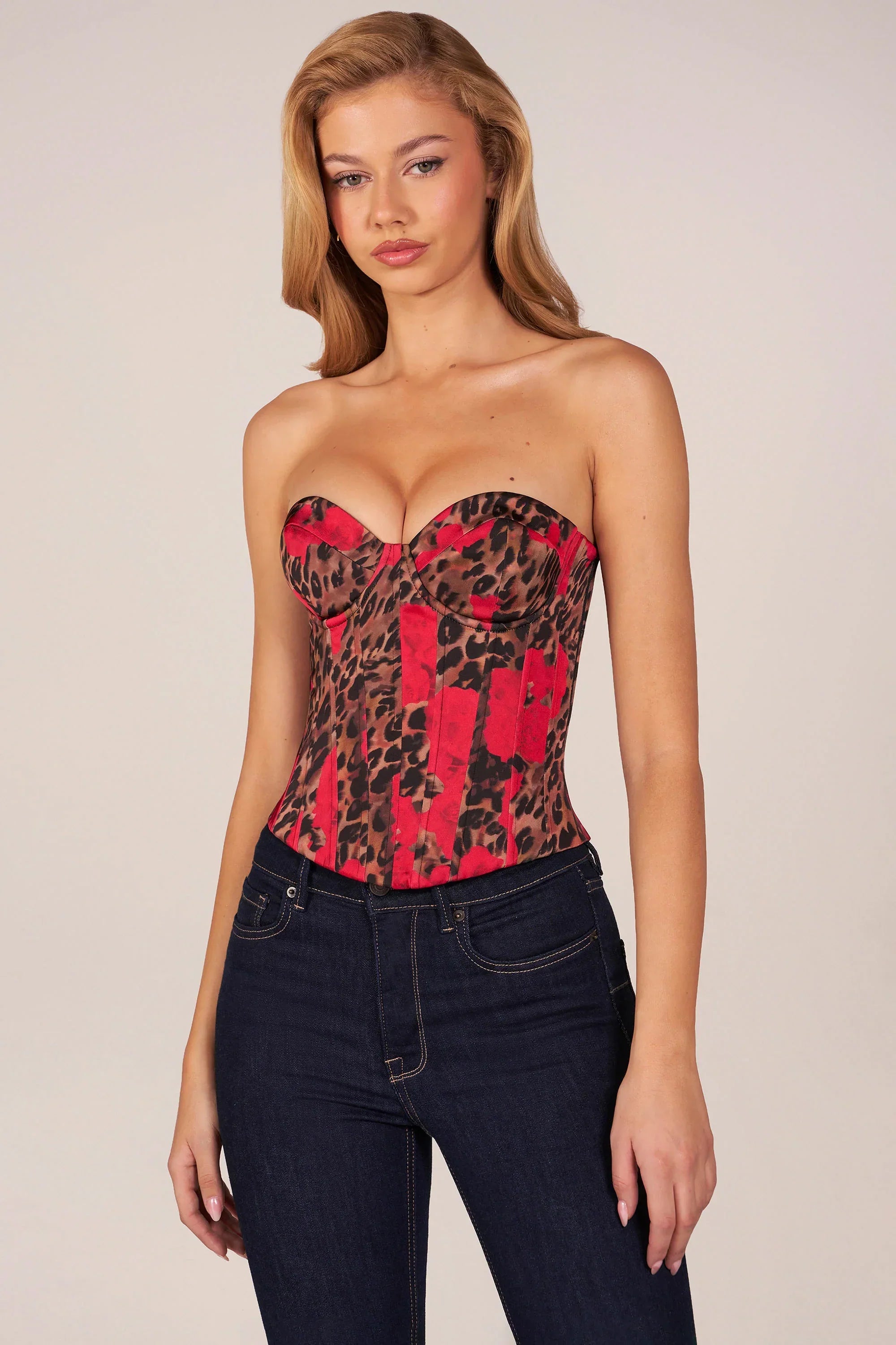Bandeau Lace Up Corset Top in Rose Leopard Print