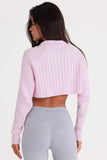Ribbed Knit Quarter Zip Cropped Jumper in Powder Pink