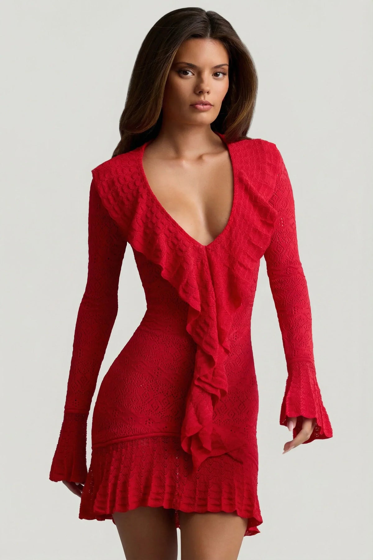 Ruffle Trim Pointelle Knit Mini Dress in Scarlet Red