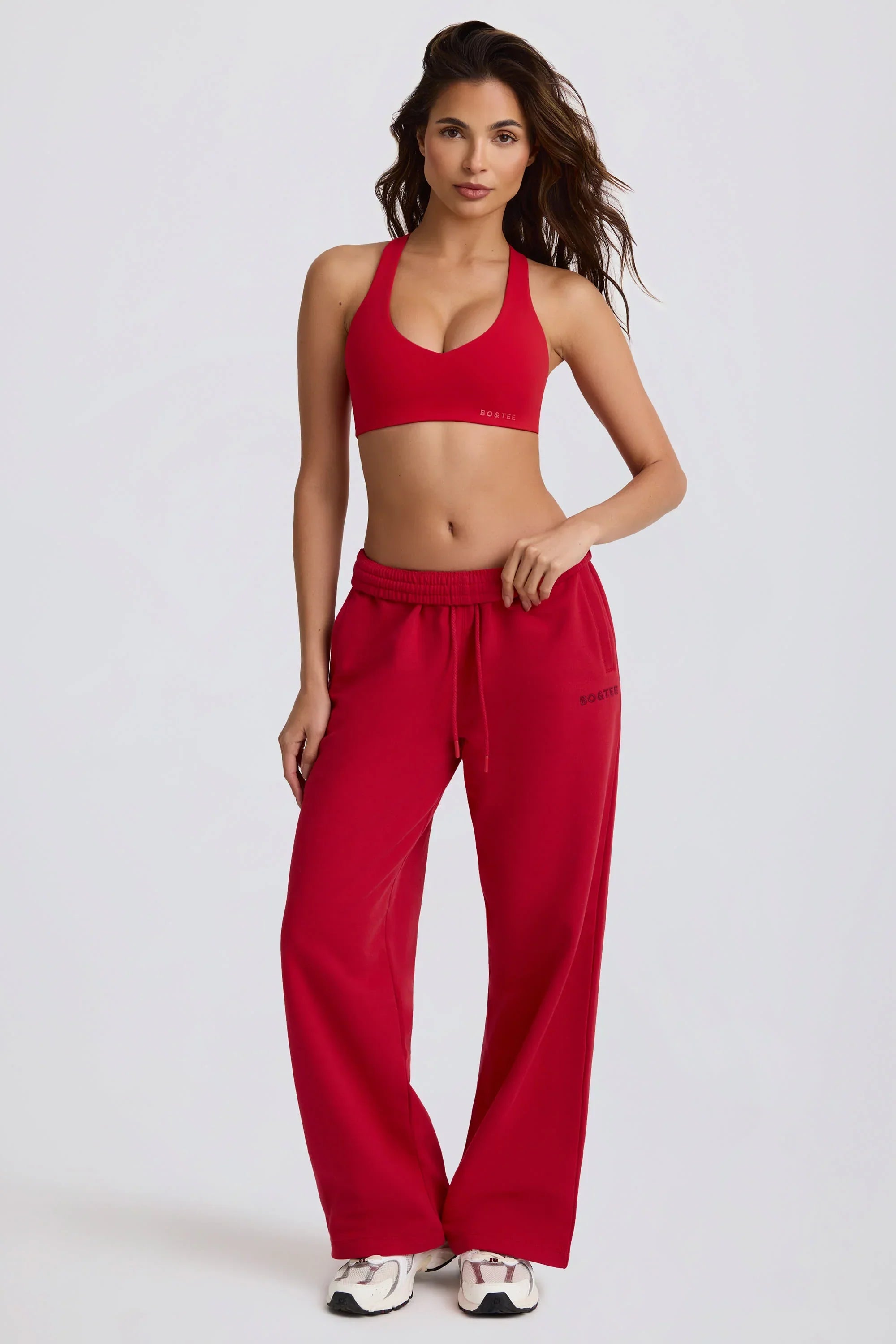 Soft Cotton Jersey Mid Rise Wide Leg Joggers in Hot Red