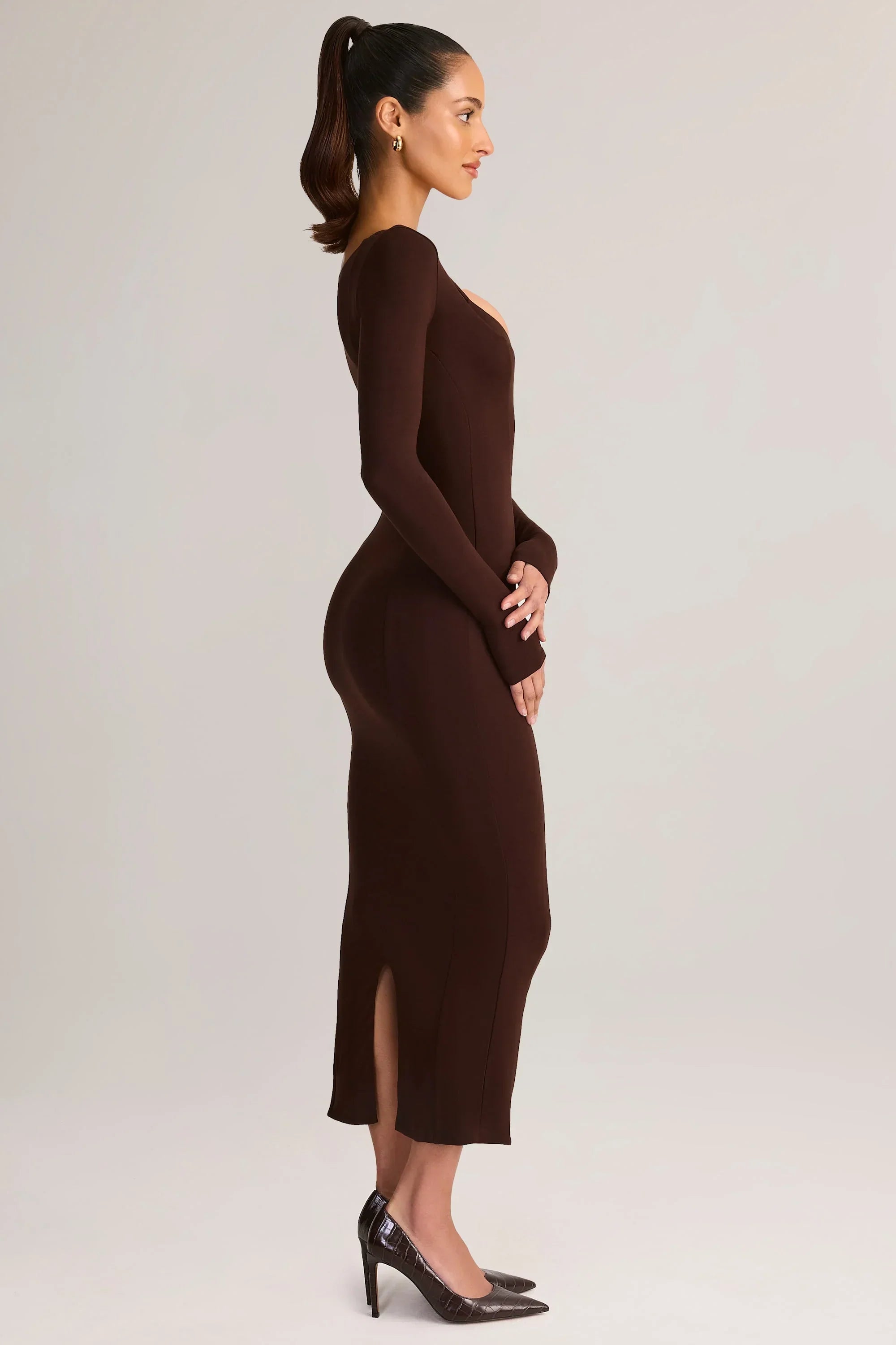 Modal Peekaboo Long Sleeve Midi Dress in Chocolate Brown