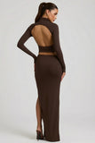 Modal Asymmetric Waist Maxi Skirt in Chocolate Brown