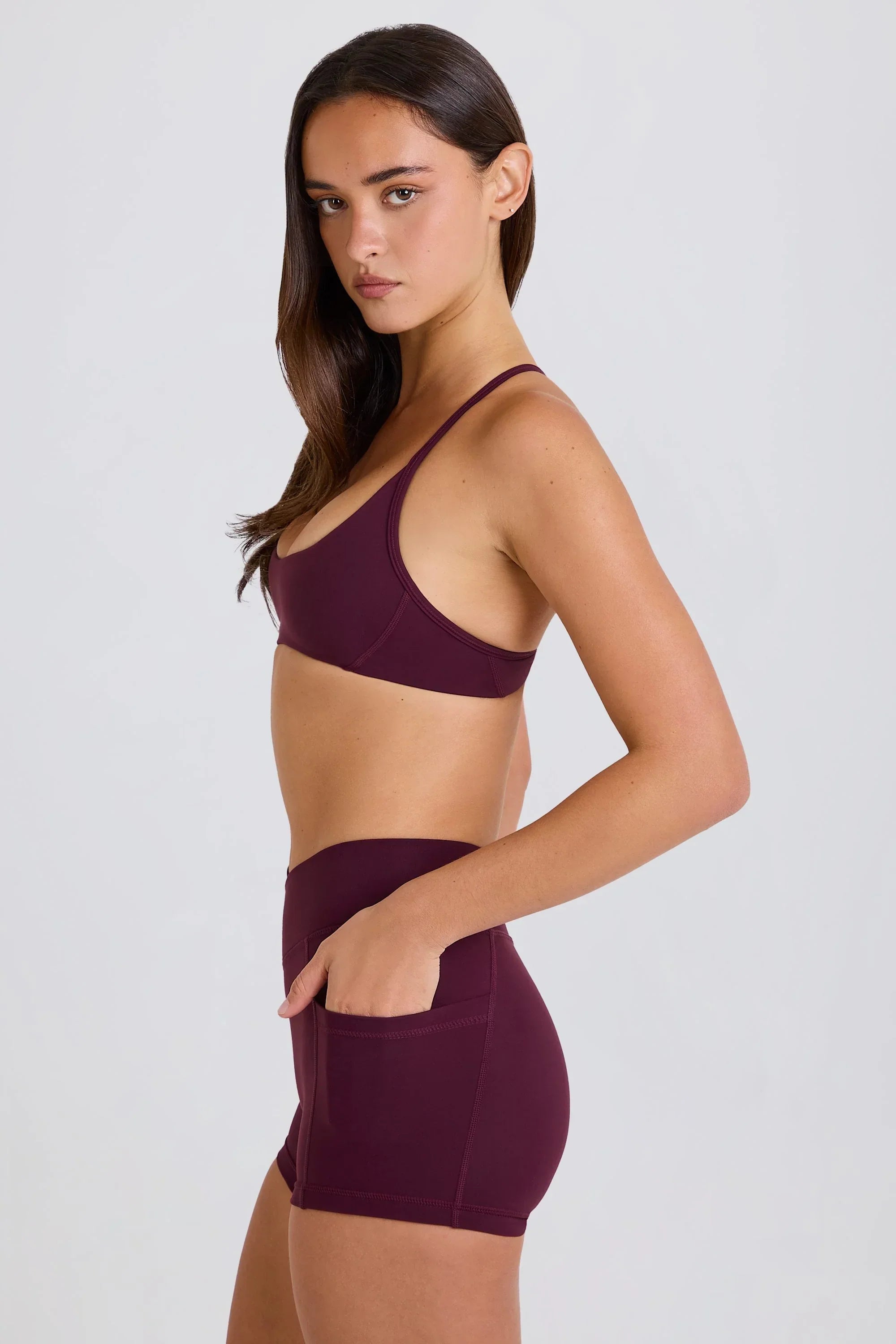 Soft Active V Waist Pocket Mini Shorts in Burgundy