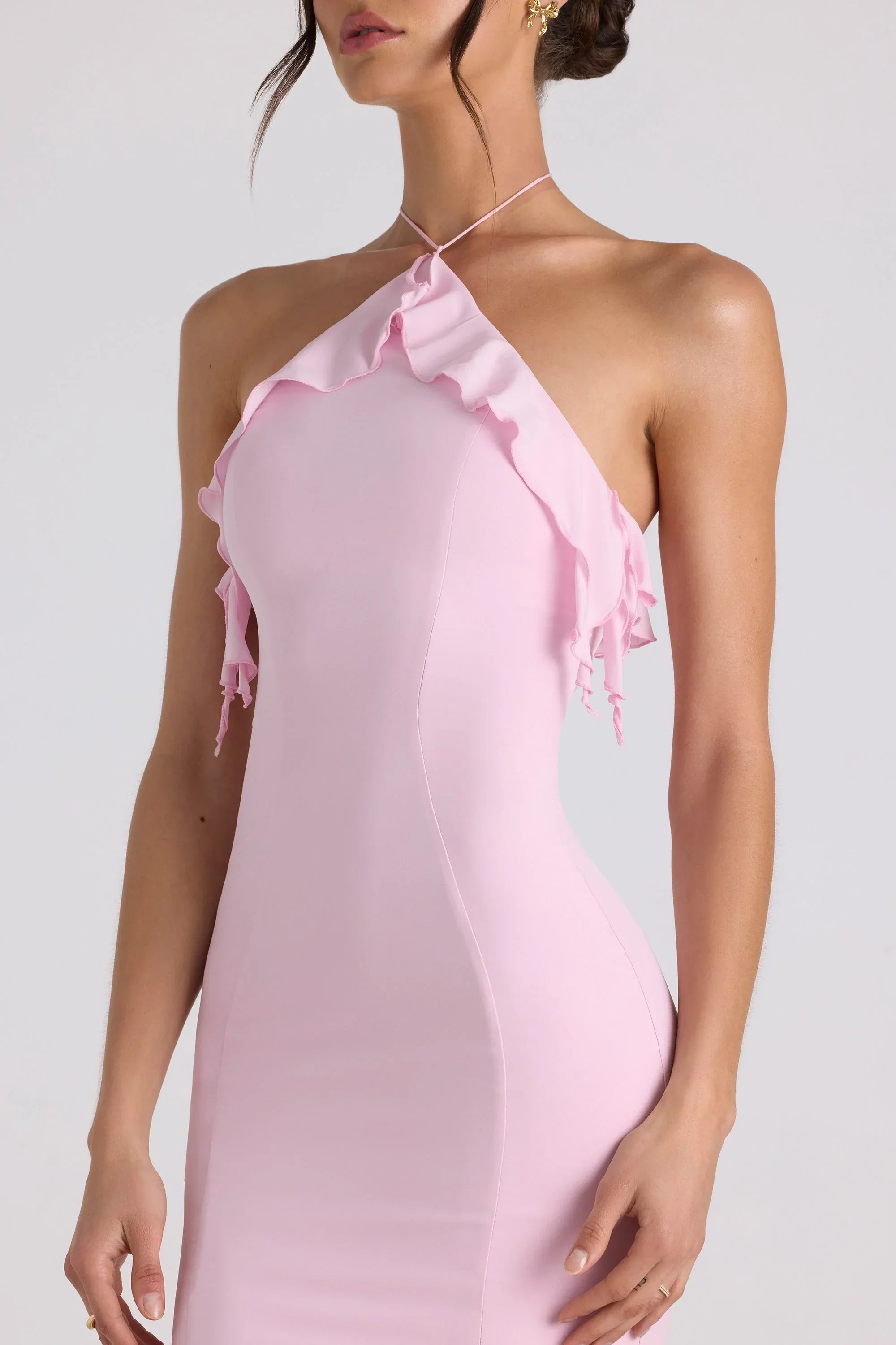 Ruffle Trim Halterneck Gown in Soft Pink