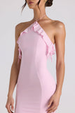 Ruffle Trim Halterneck Gown in Soft Pink