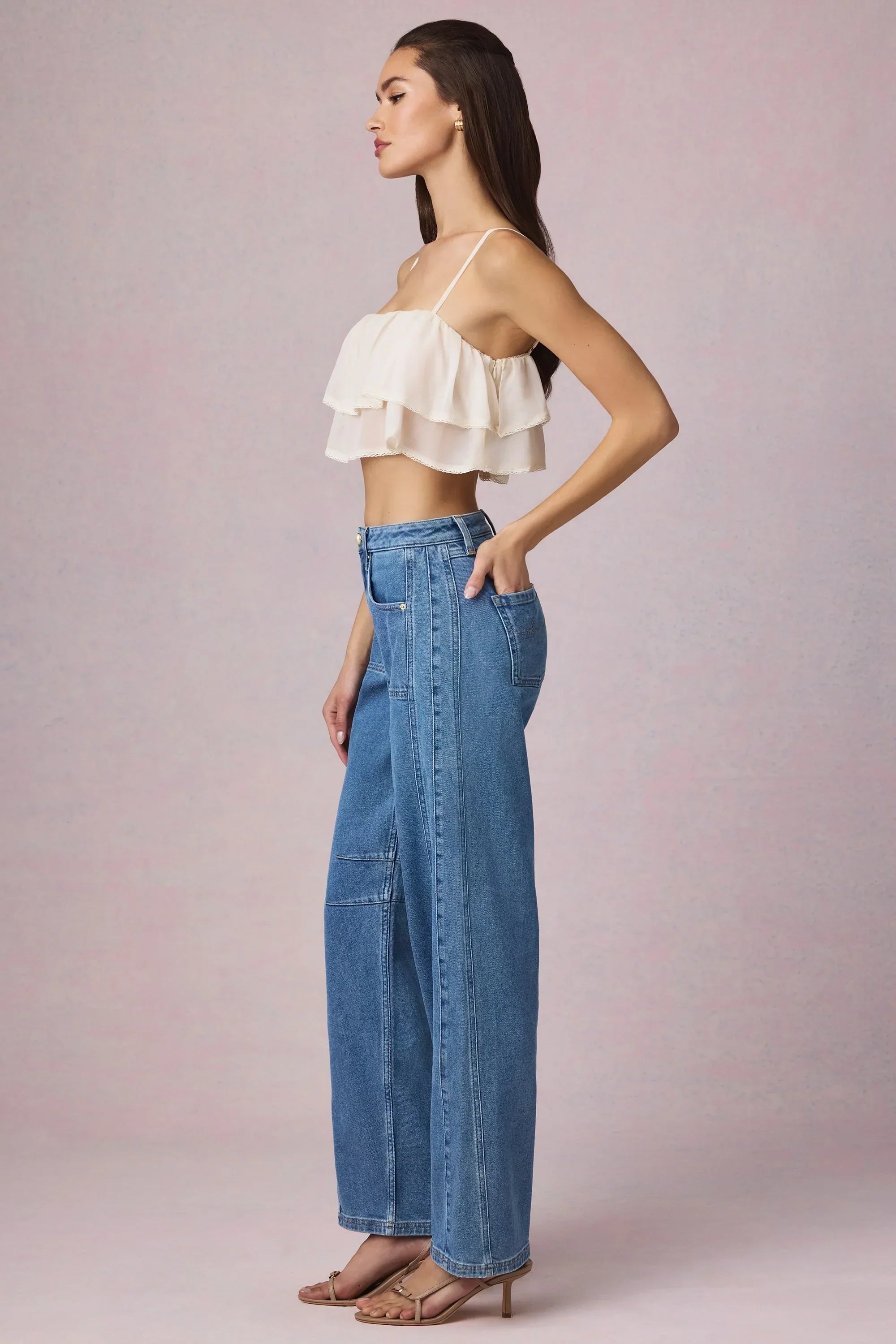 Mid Rise Barrel Leg Jeans in Mid Blue Wash