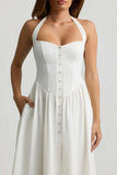 Button Detail Halterneck Midaxi Dress in White
