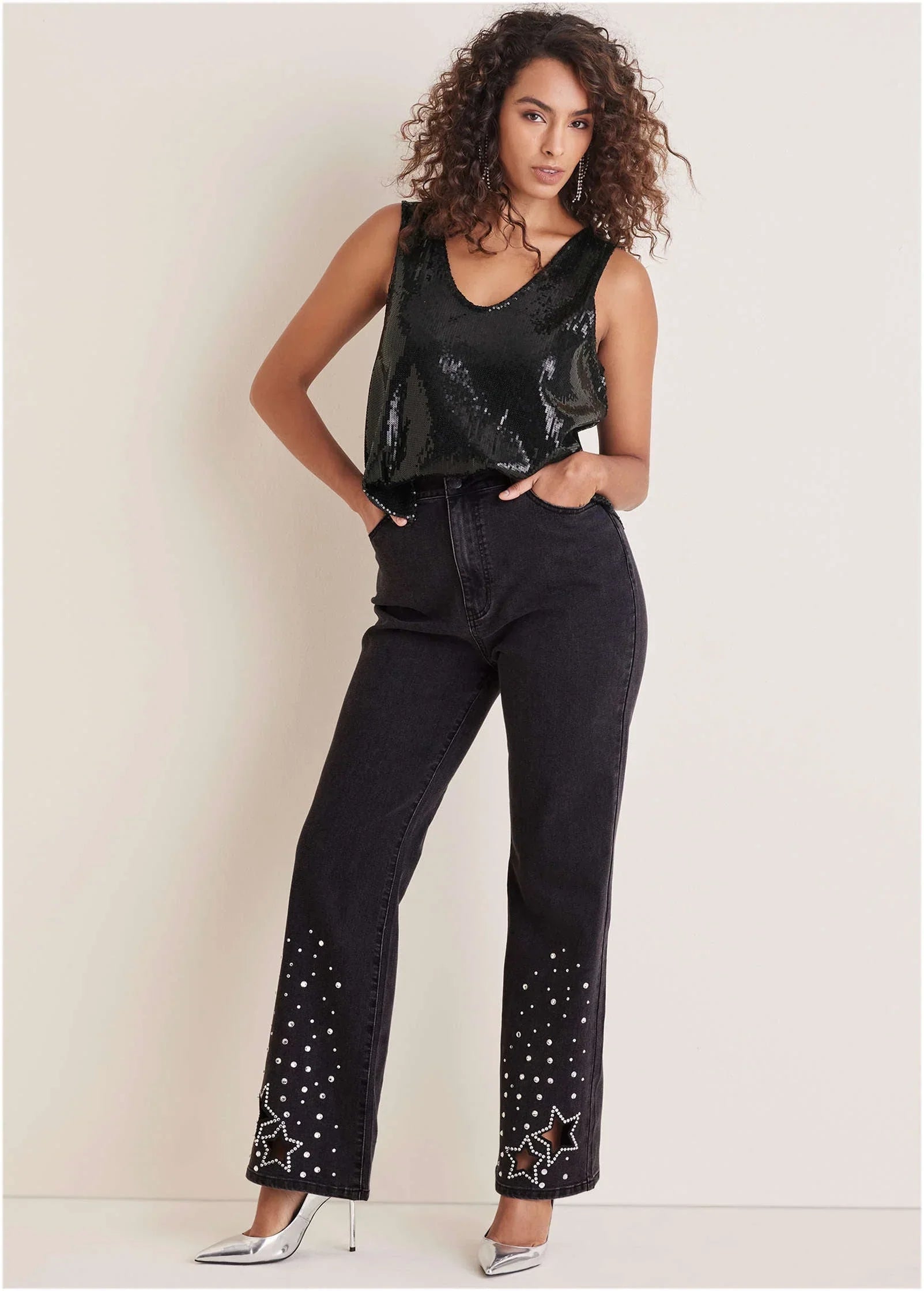 Rhinestone Embellished Jeans Black Wash