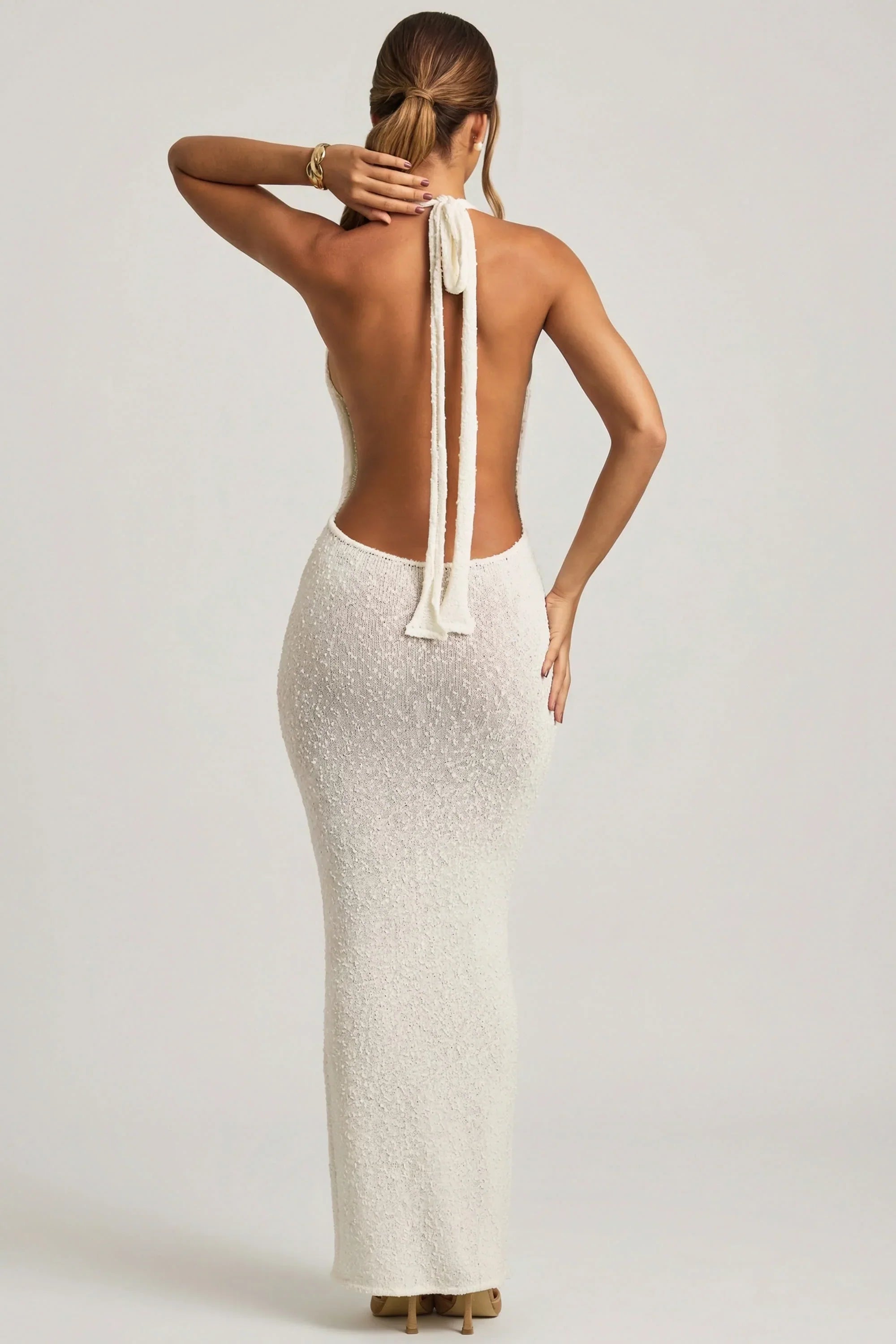 Bouclé Halterneck Maxi Dress in White