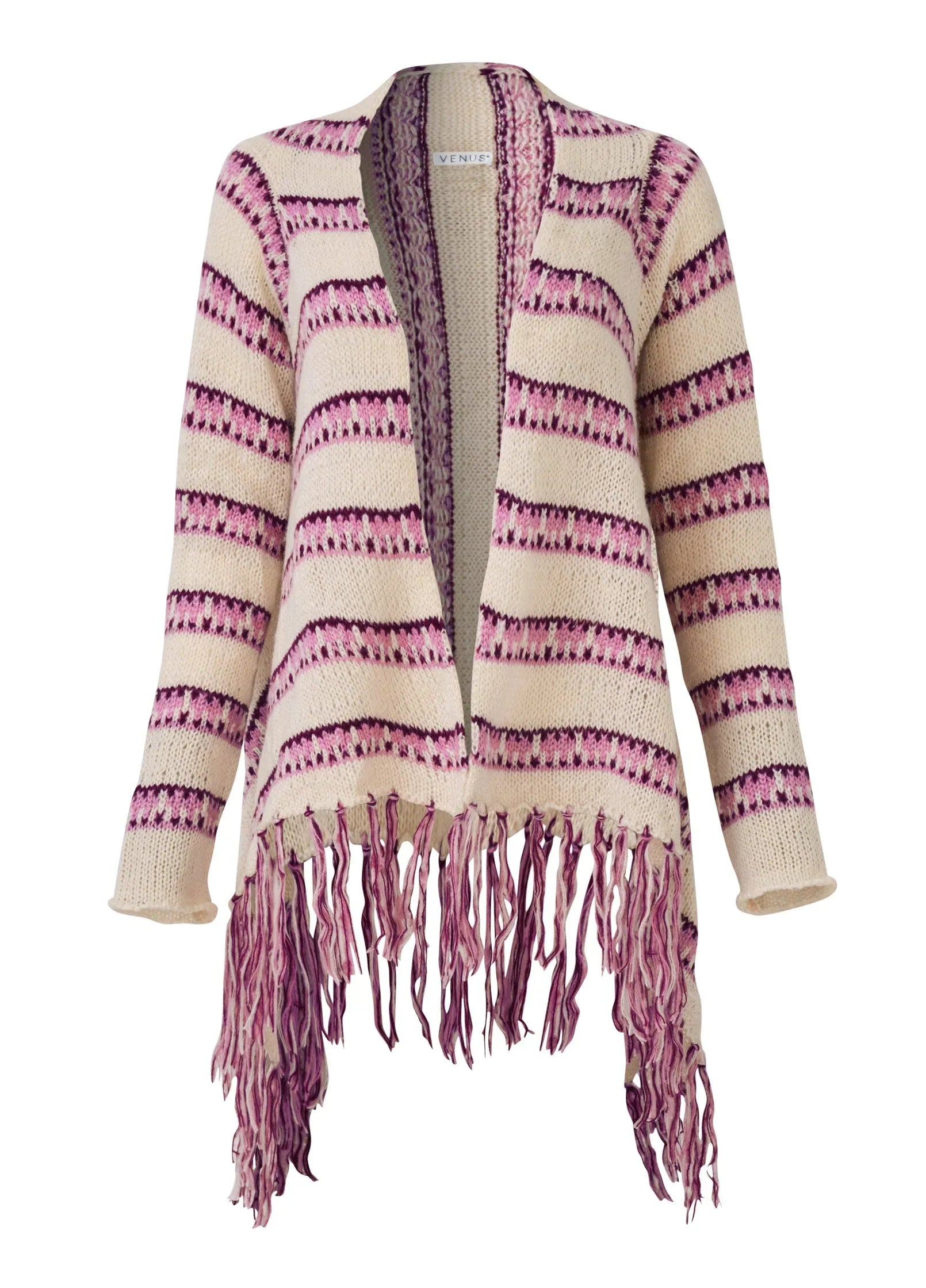 Stripe Fringe Cardigan Beige Multi