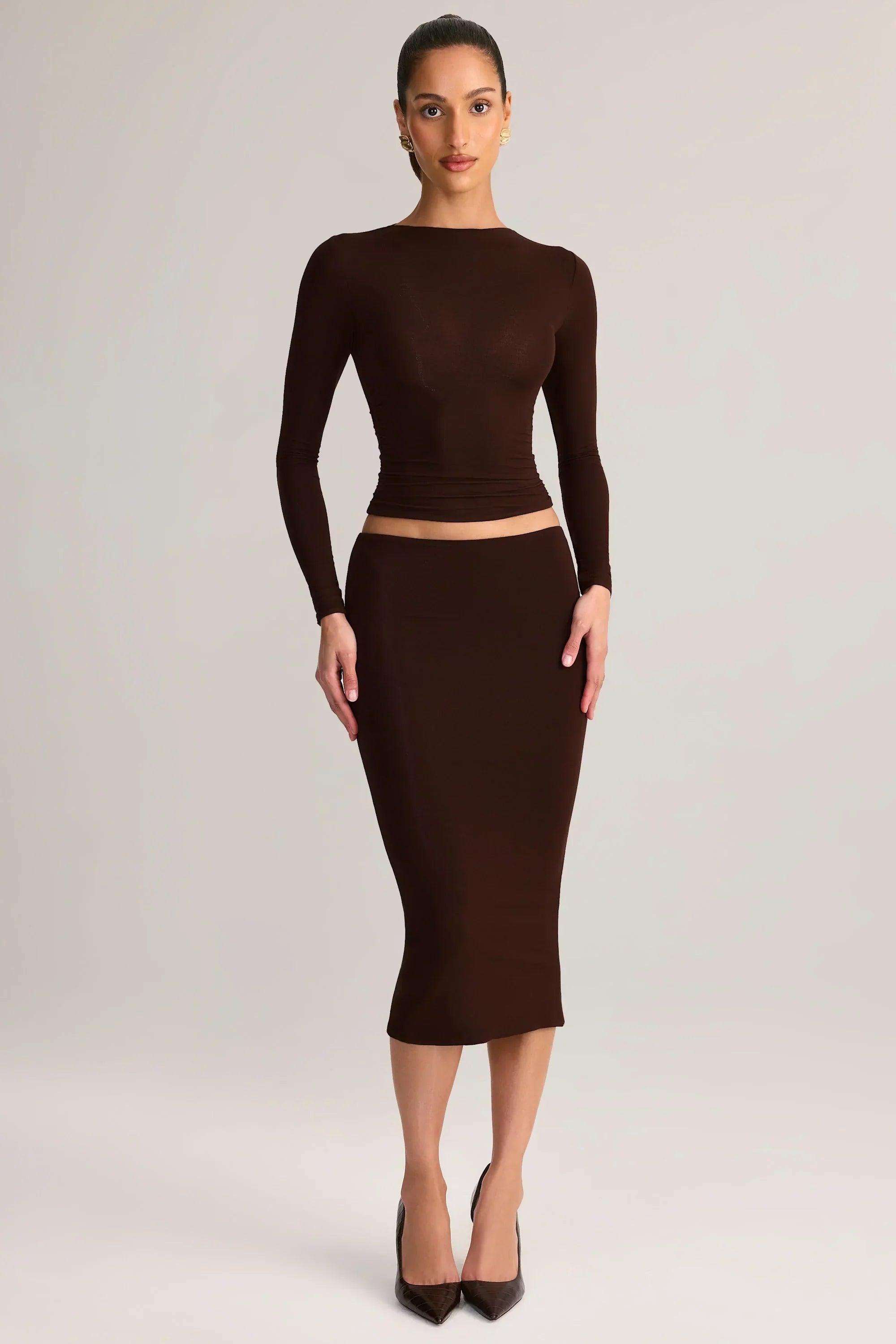 Modal Mid Rise Pencil Midi Skirt in Chocolate Brown