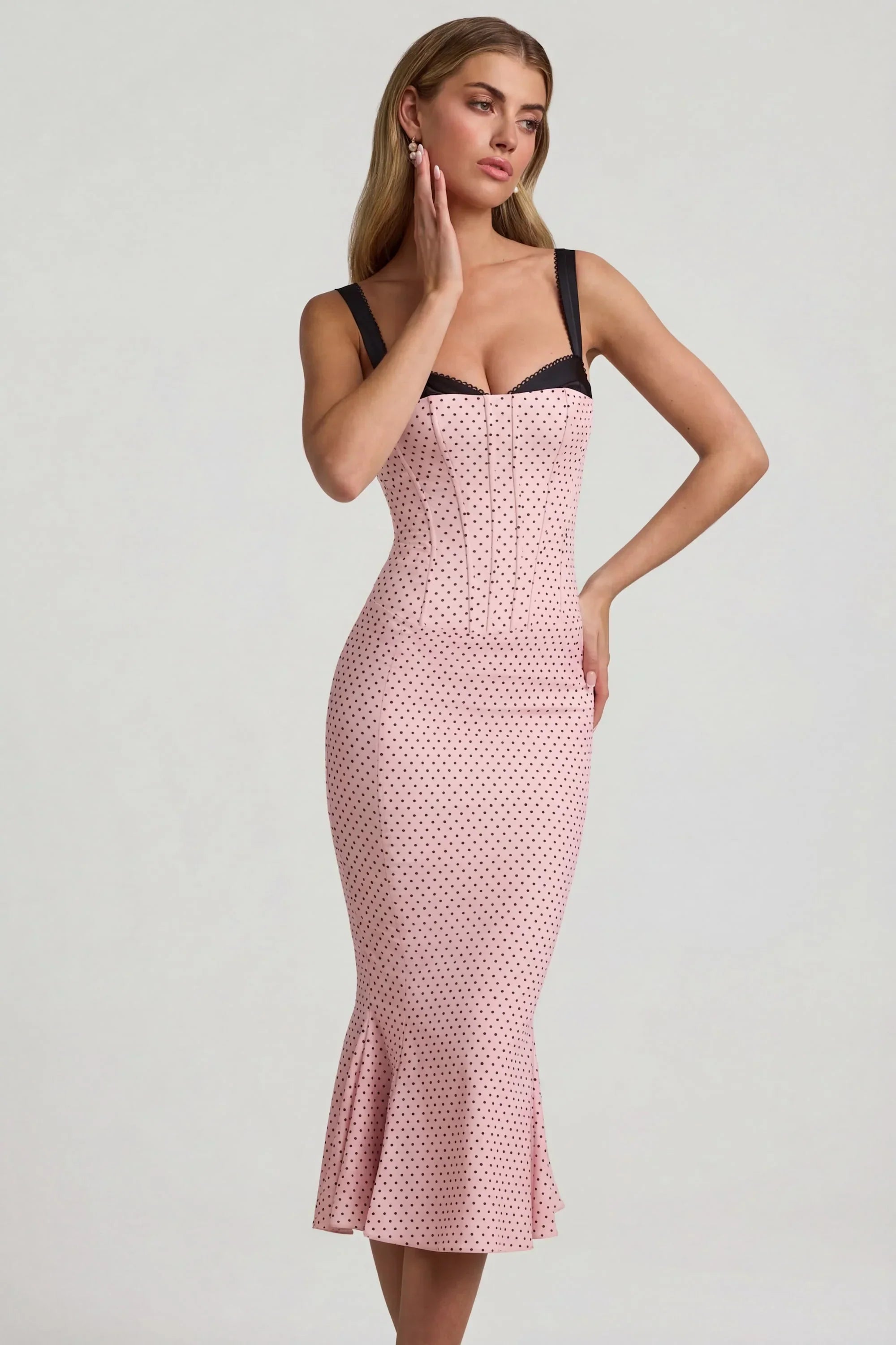Layered Bra Detail Fishtail Midaxi Dress in Pink Polka Dot