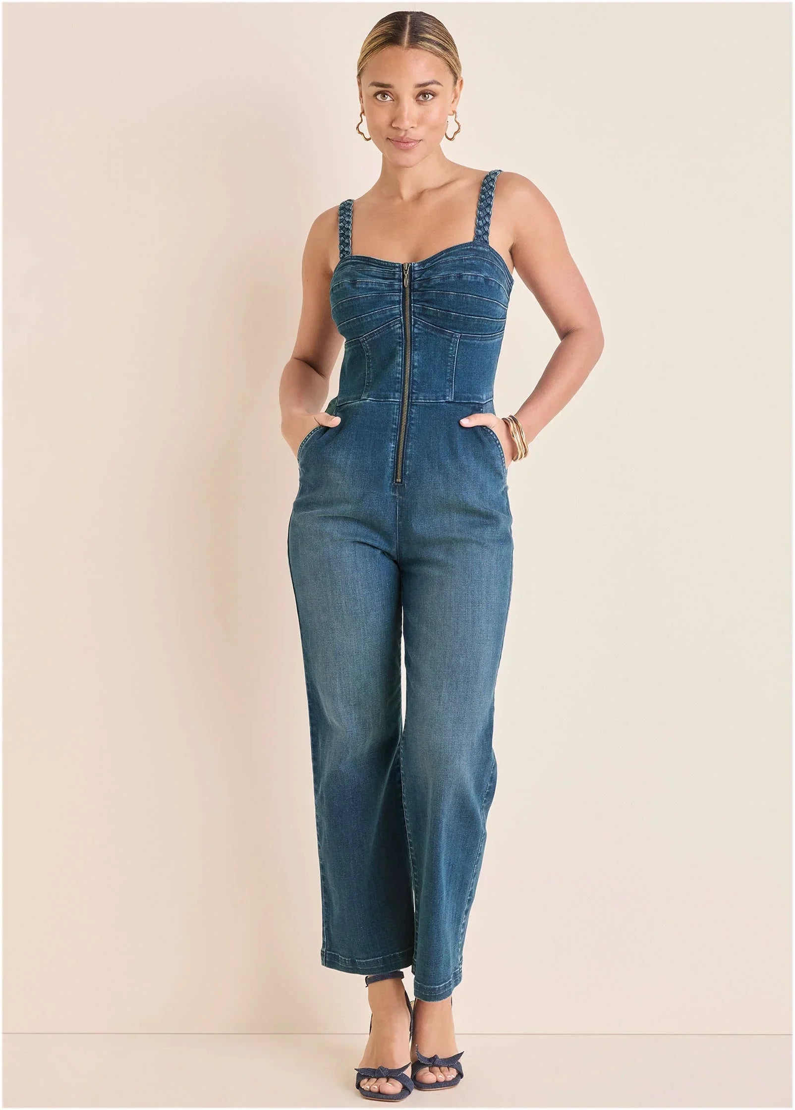 Braided Strap Denim Jumpsuit Medium Wash