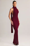 Rib Knit Scarf Detail Halterneck Maxi Dress in Wine