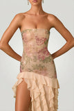 Embellished Ruffle Trim Strapless Gown in Rose Hotfix