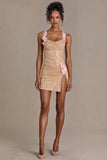 Embellished Open Back Mini Dress in Gold