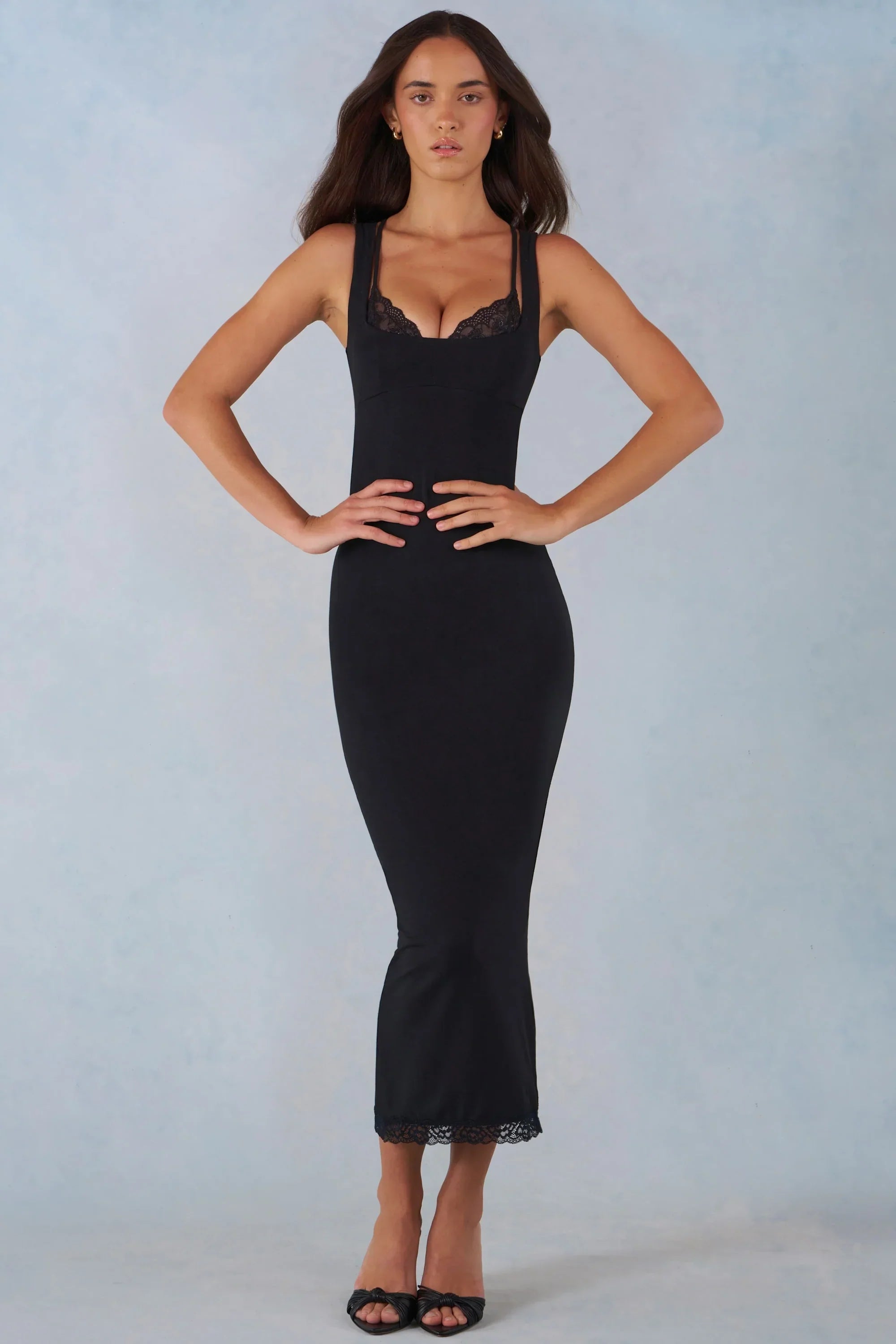 Modal Lace Trim Midaxi Dress in Black