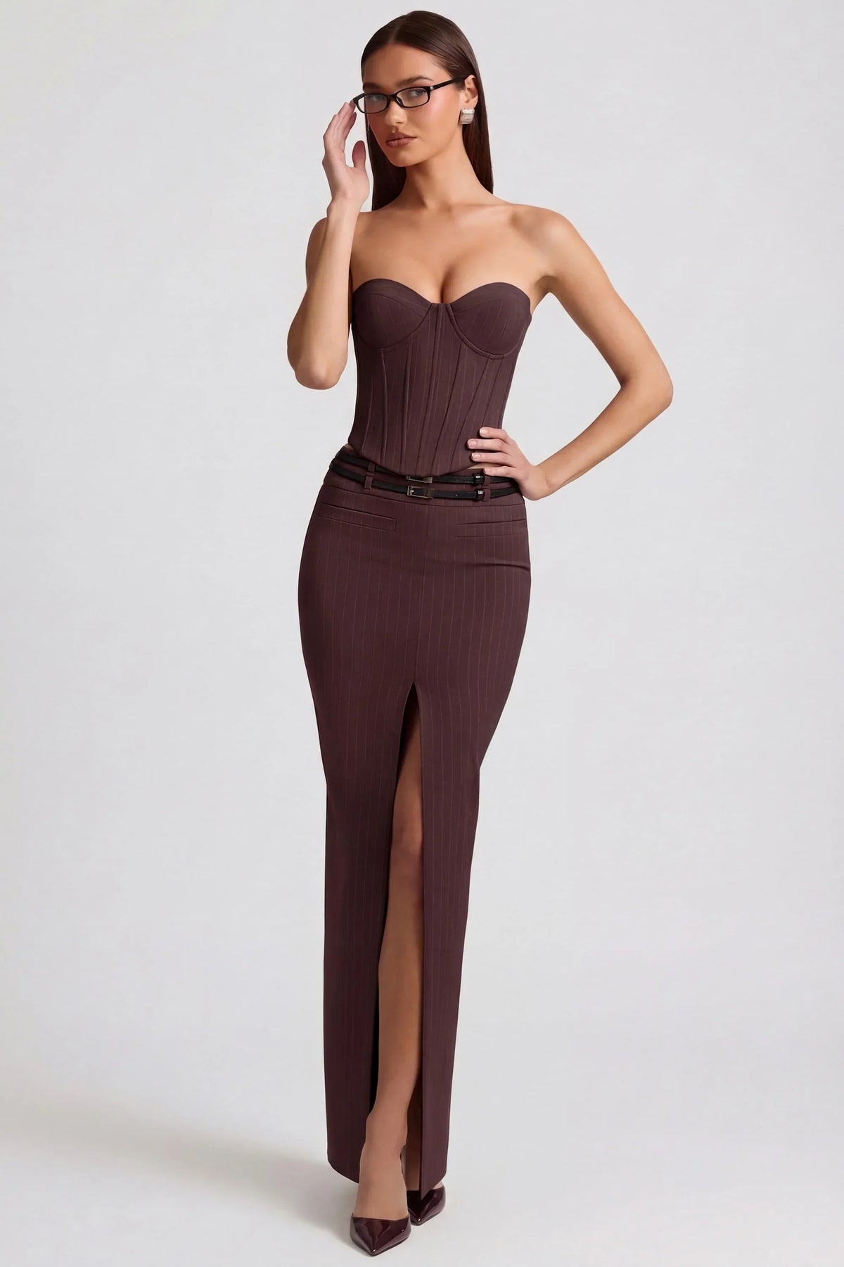 Pinstripe Low Rise Maxi Skirt in Chocolate Brown