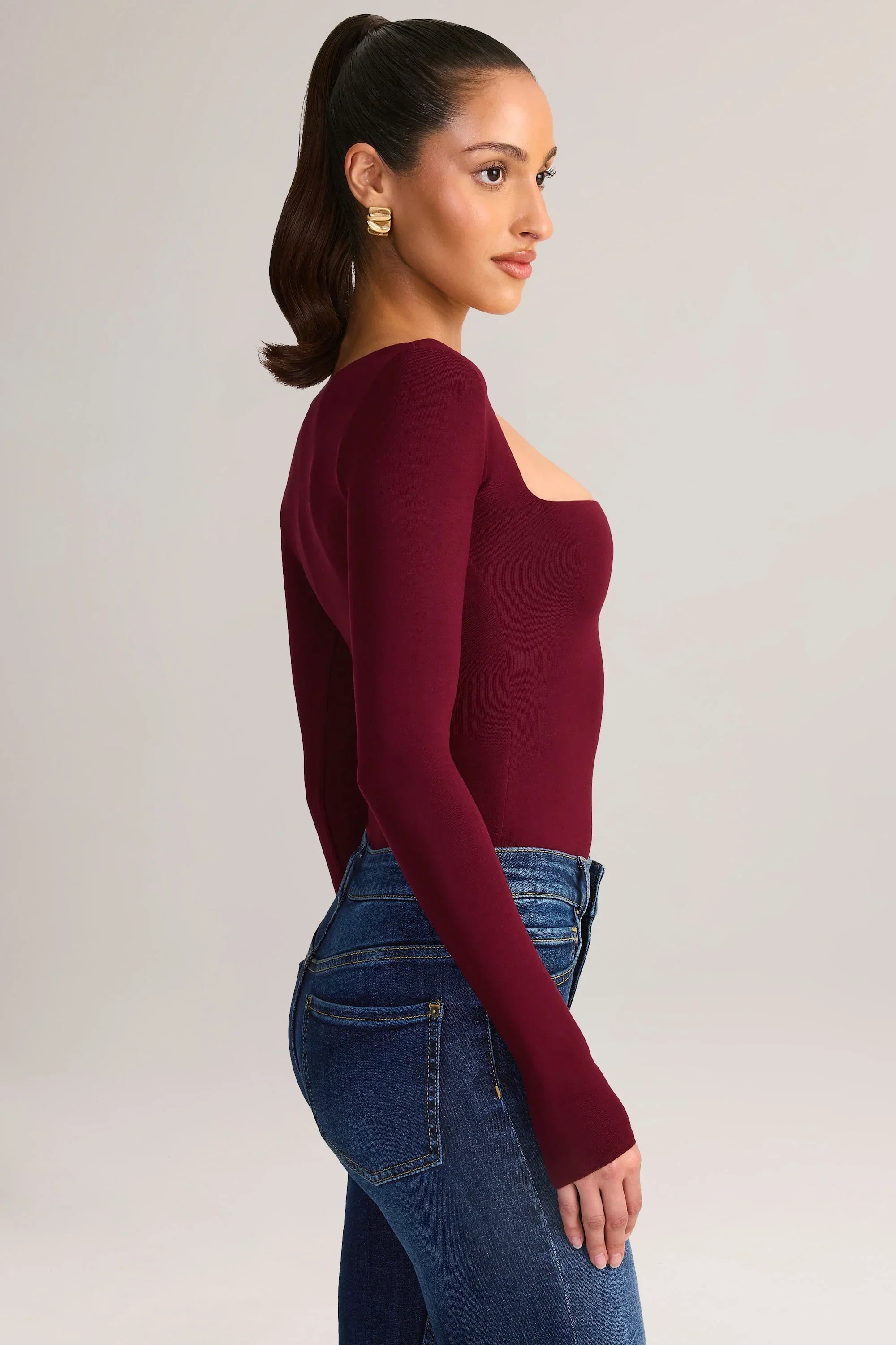 Modal Square Neck Long Sleeve Top in Wine